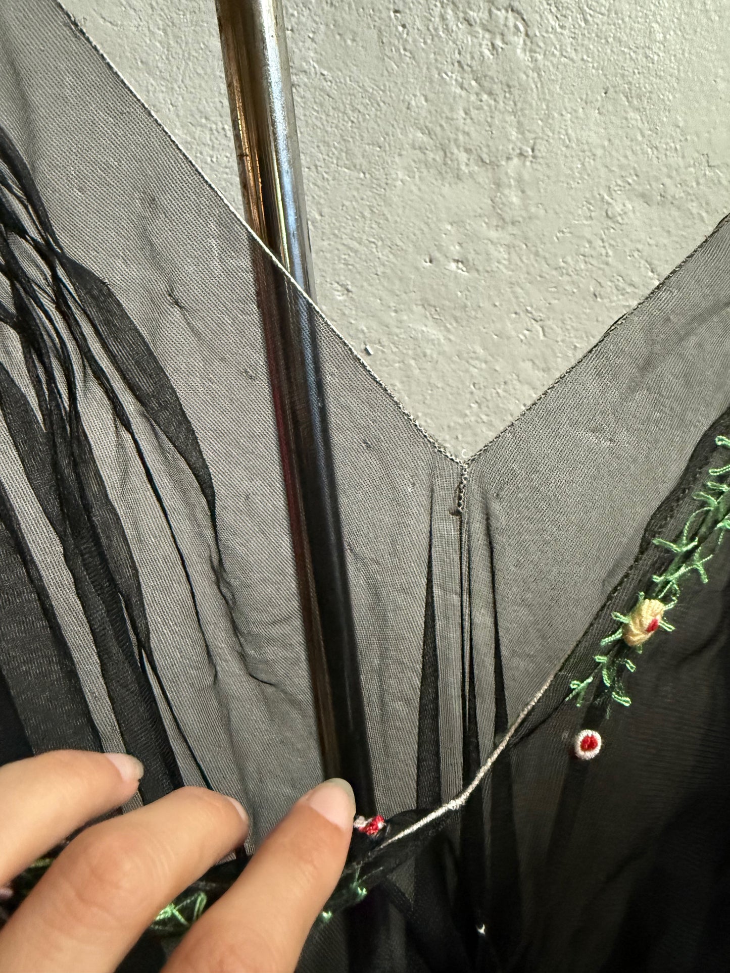 1940s Smocked Embroidered Black Sheer Slip Dress