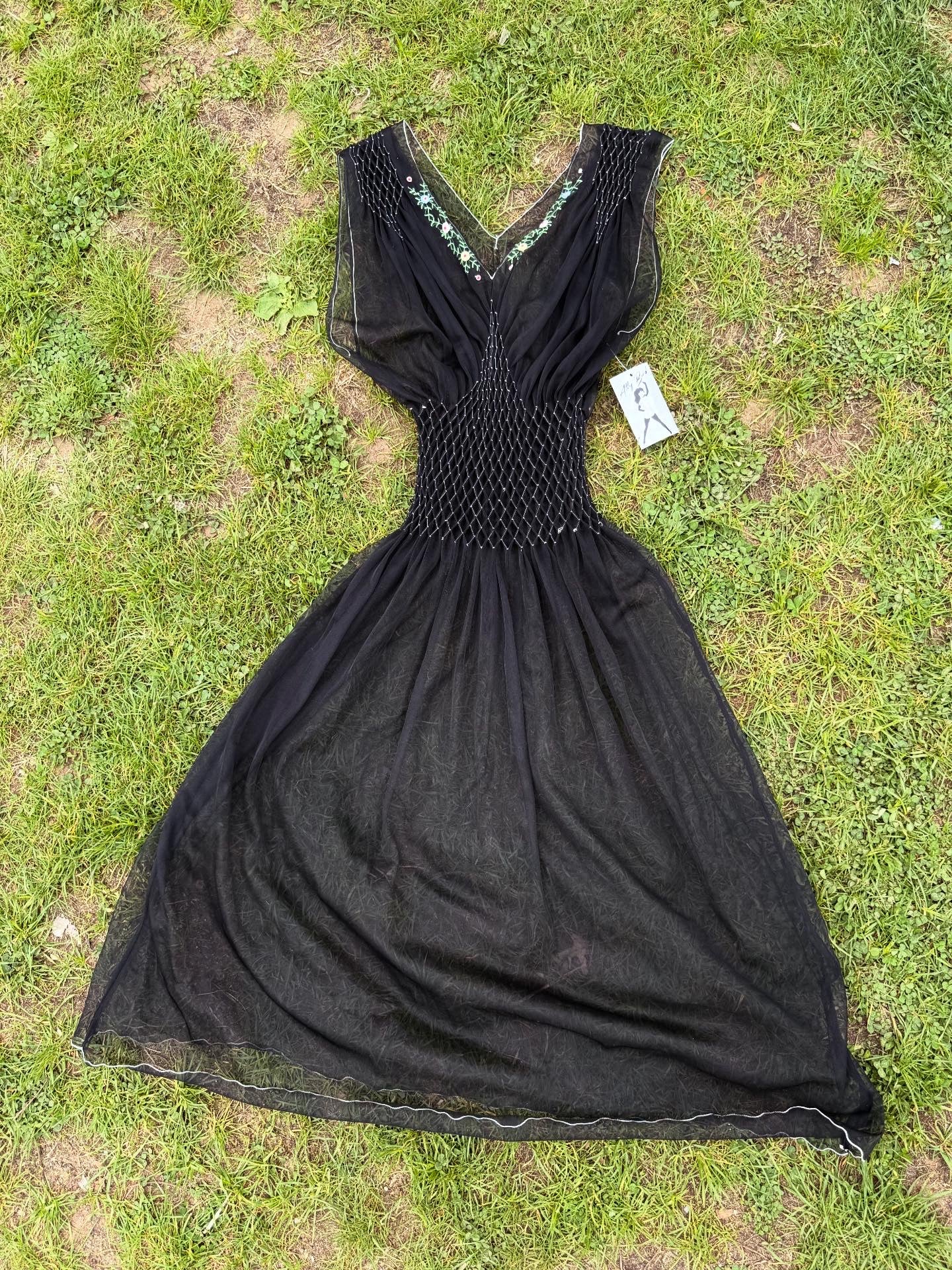 1940s Smocked Embroidered Black Sheer Slip Dress