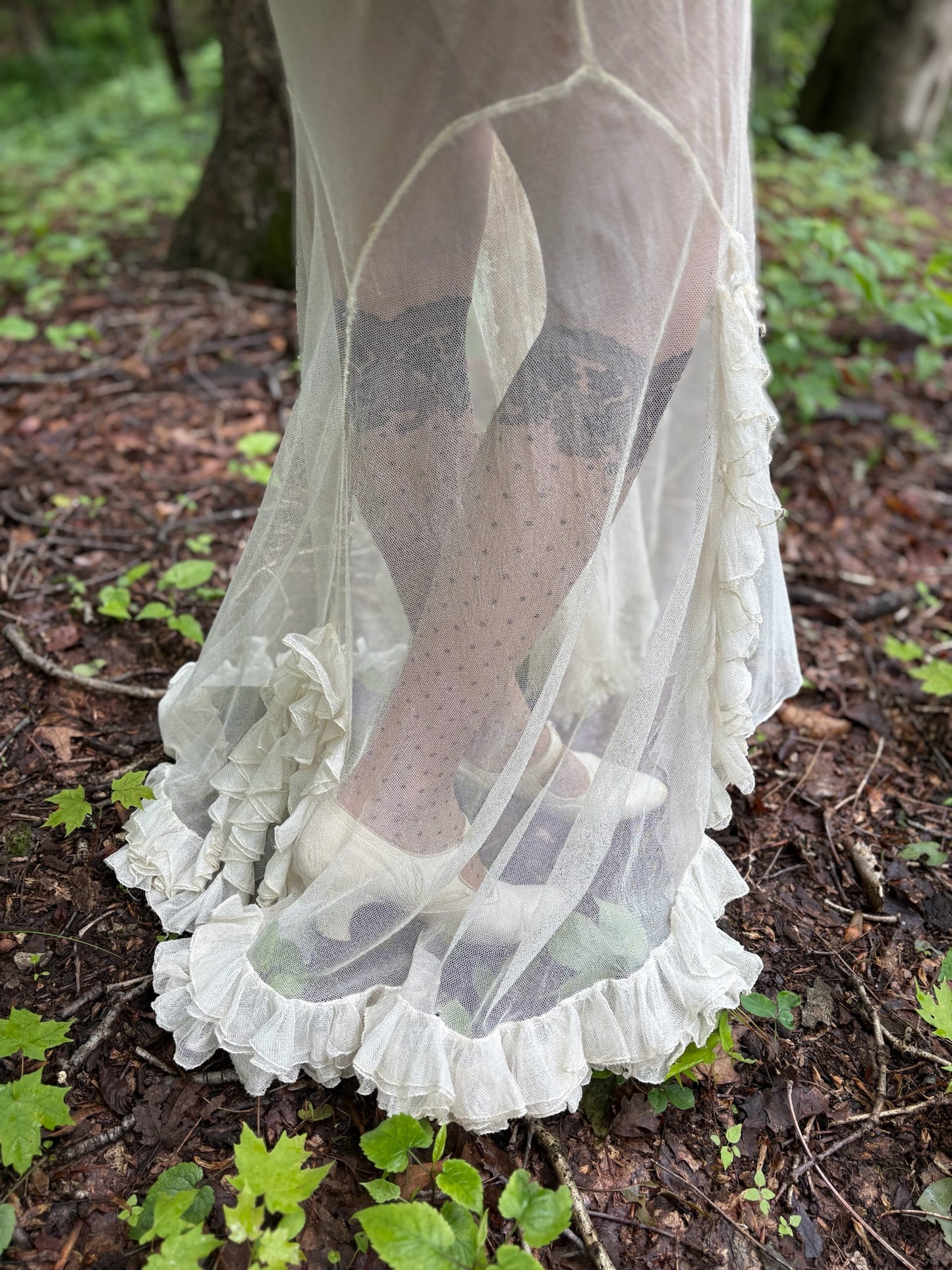 1930s Sheer Net Ruffle Backless Angel Wing Dress