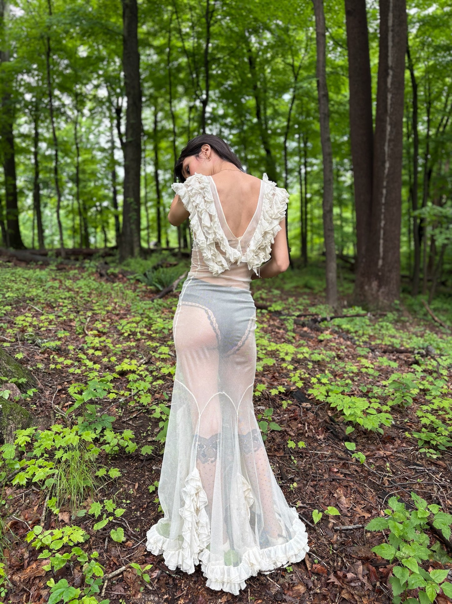 1930s Sheer Net Ruffle Backless Angel Wing Dress