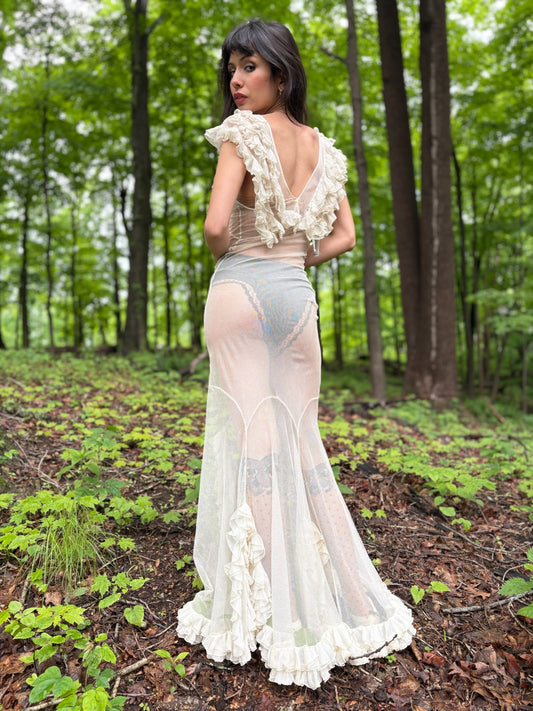 1930s Sheer Net Ruffle Backless Angel Wing Dress