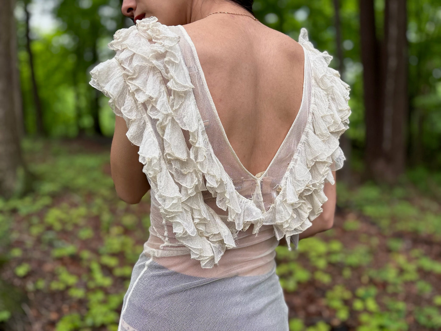 1930s Sheer Net Ruffle Backless Angel Wing Dress
