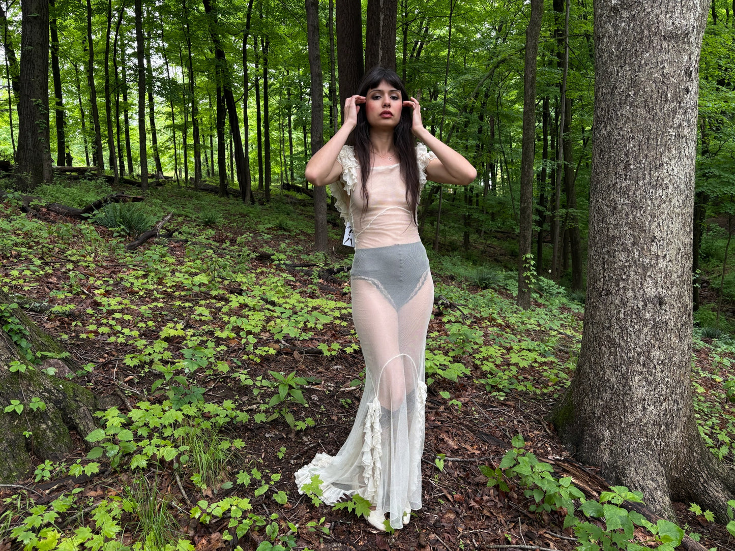 1930s Sheer Net Ruffle Backless Angel Wing Dress