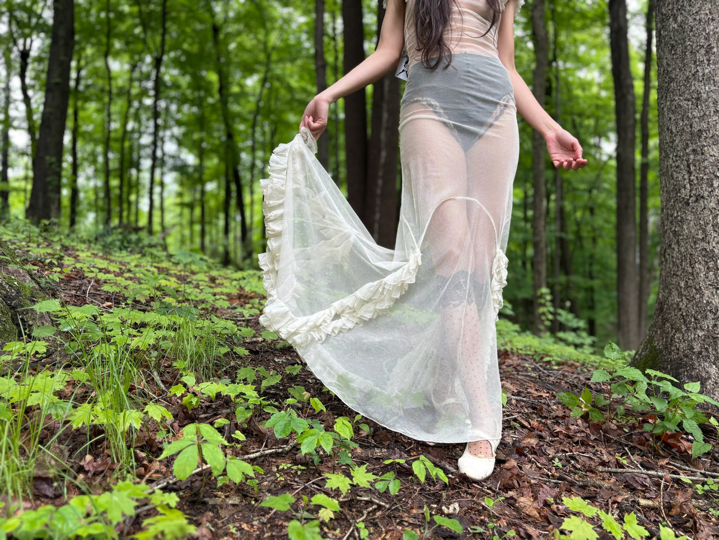 1930s Sheer Net Ruffle Backless Angel Wing Dress