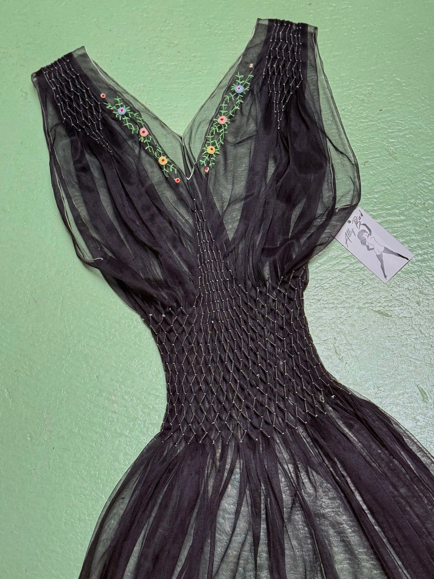 1940s Smocked Embroidered Black Sheer Slip Dress