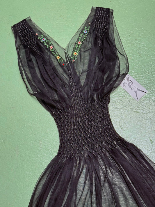 1940s Smocked Embroidered Black Sheer Slip Dress