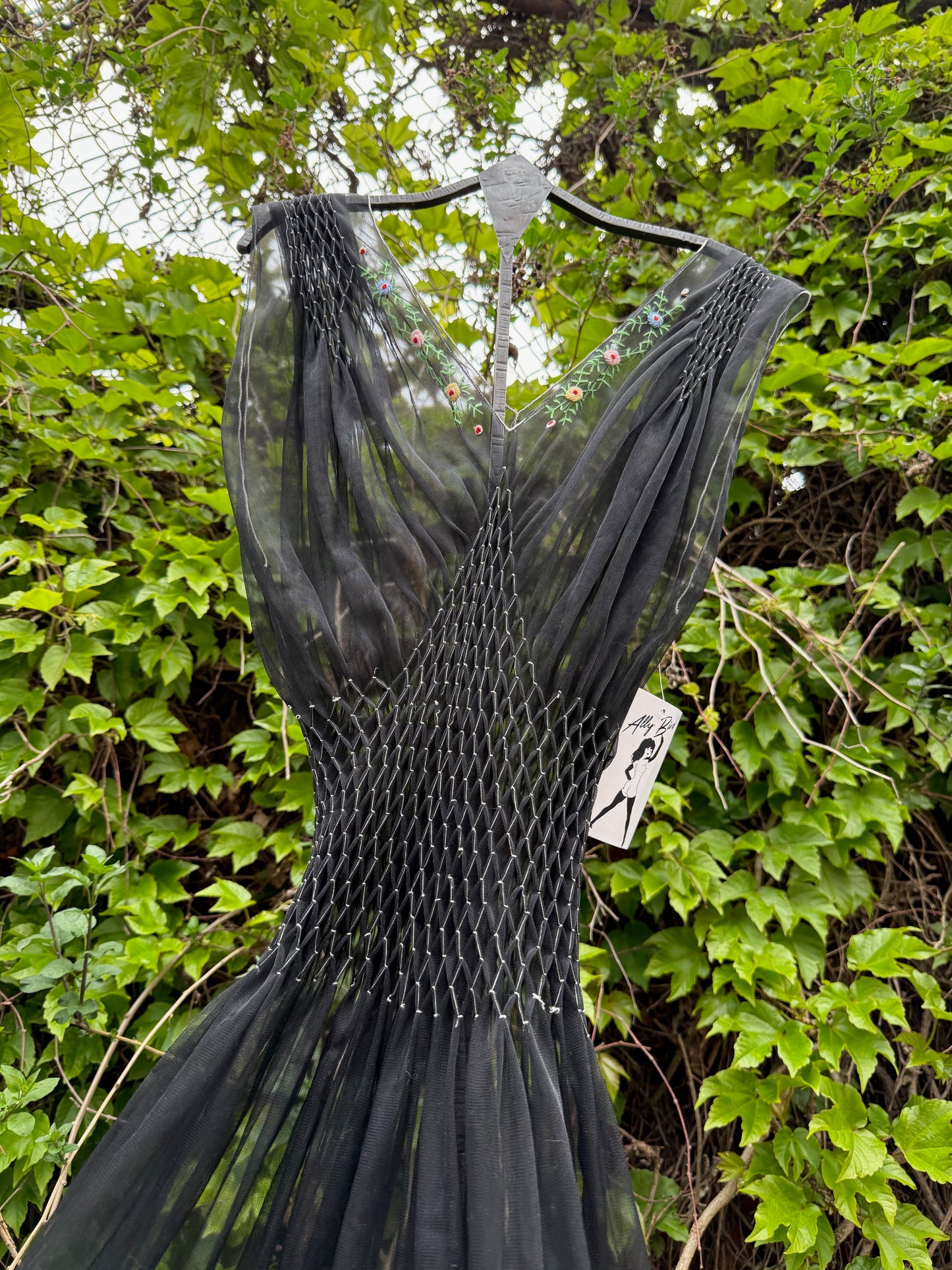 1940s Smocked Embroidered Black Sheer Slip Dress