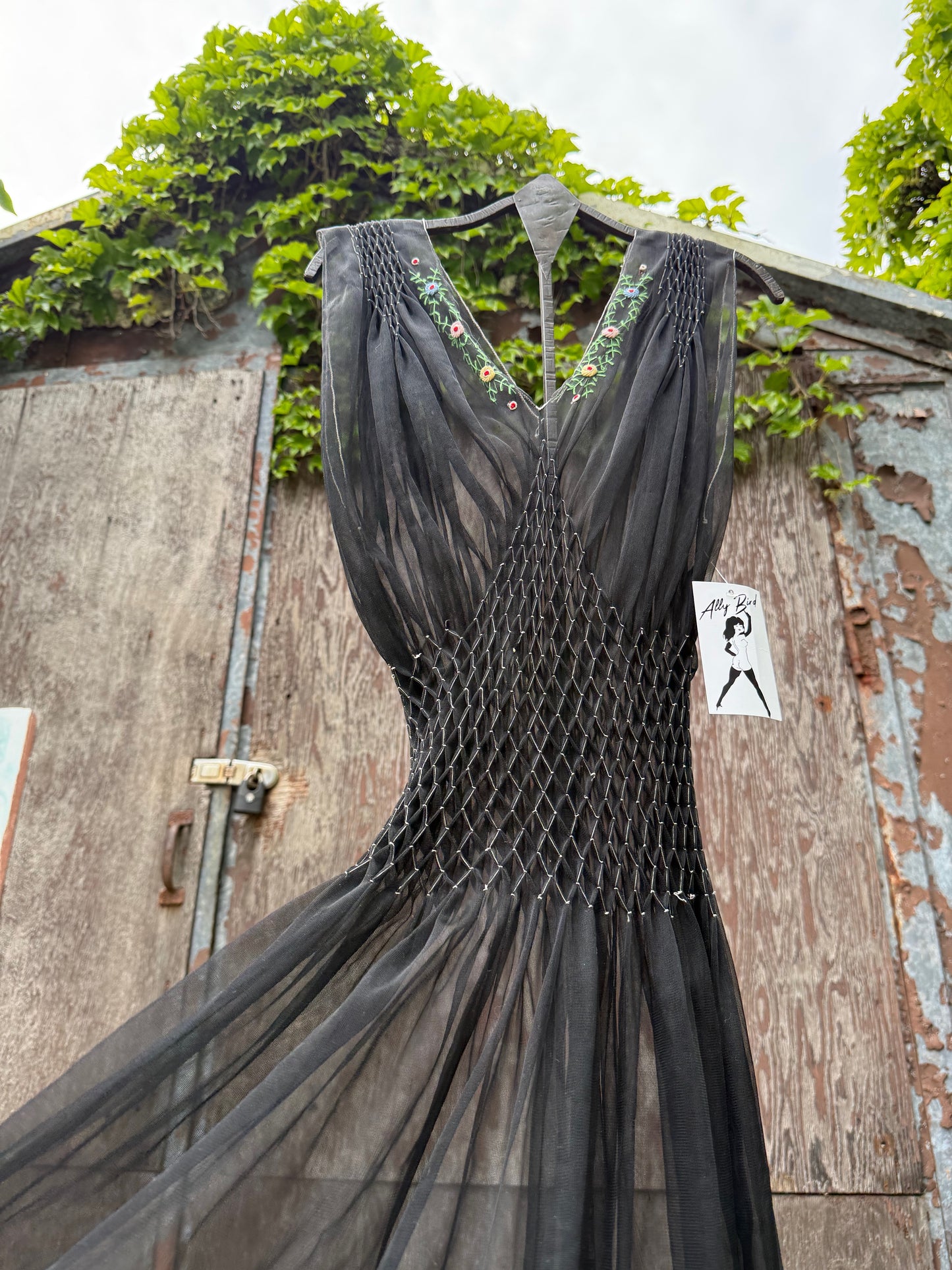 1940s Smocked Embroidered Black Sheer Slip Dress