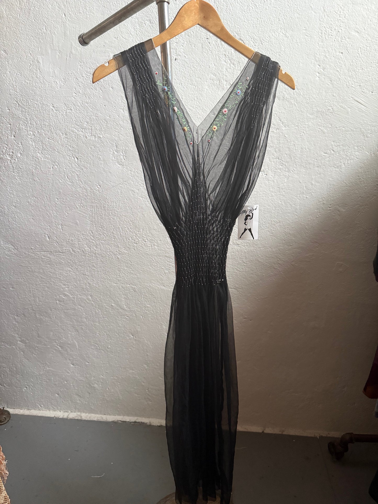 1940s Smocked Embroidered Black Sheer Slip Dress