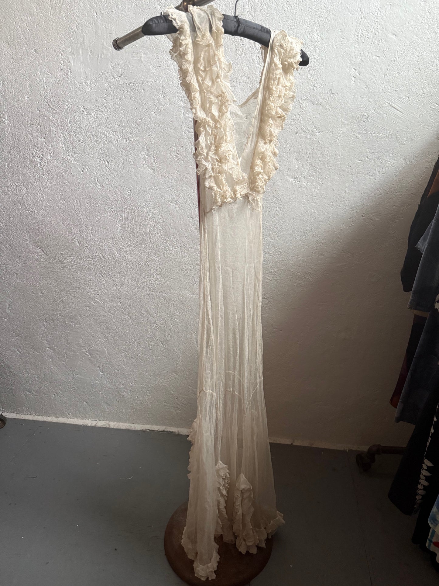 1930s Sheer Net Ruffle Backless Angel Wing Dress